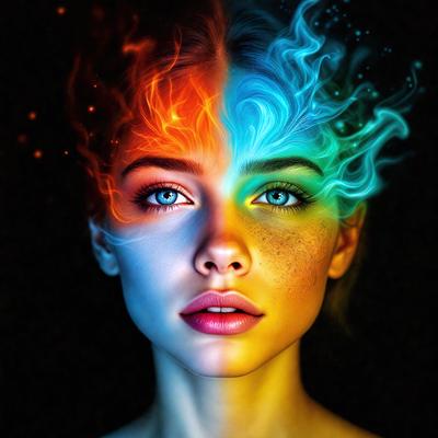 The primary subject of the image is a woman with a unique and artistic appearance. She has a mix of blue, yellow, and red colors on her face, giving her a striking and visually interesting look. The setting is a dark background, which further emphasizes the vibrant colors on her face. The visual style of the image is a digital art or illustration, showcasing the creativity and skill of the artist. The overall atmosphere of the image is one of beauty and individuality, with the woman's distinctive